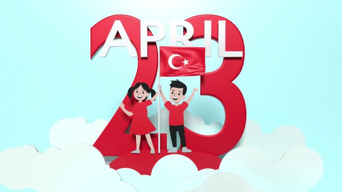 4月23日国际儿童节庆祝横幅，蓝色天空背景，云层覆盖，儿童挥舞着分辨率为4k的土耳其国旗