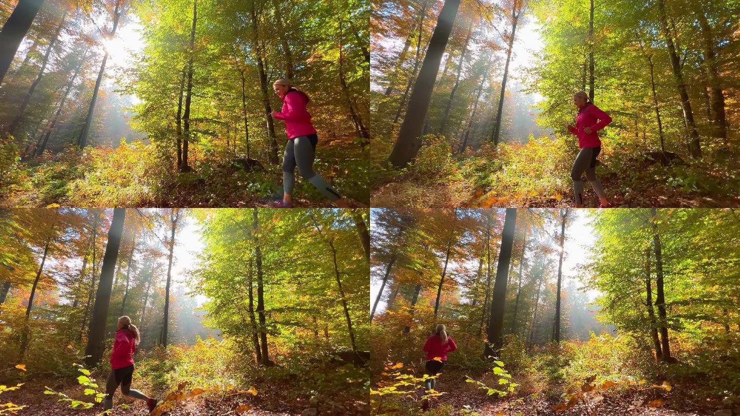 阳光明媚的秋日，在森林里奔跑的女人