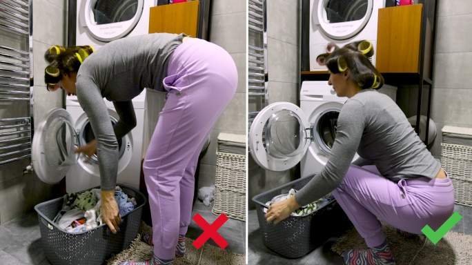 提起和放下洗衣篮时脊柱姿势正确与错误的分屏视频