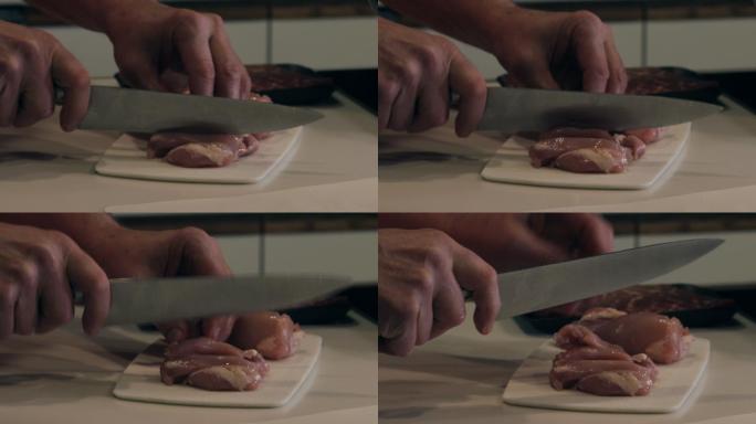 Fee Range鸡大腿在家庭厨房准备食物切碎剥皮切碎搅拌新鲜有机水果蔬菜和炒肉视频系列