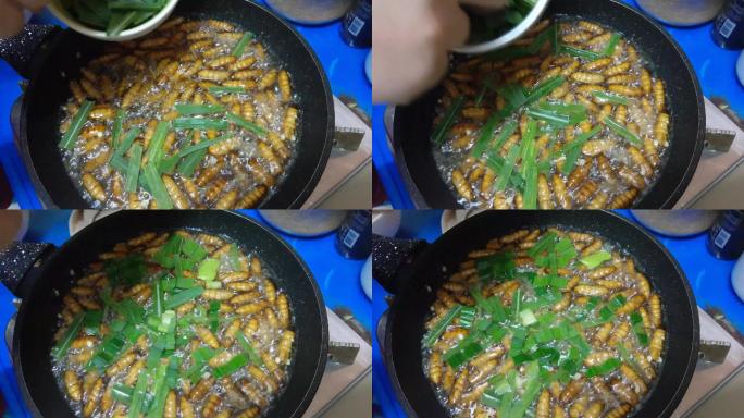 锅里炸椰子虫蒜叶大厨厨艺
