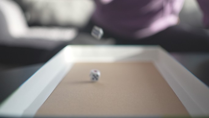 棋盘游戏中在纸板箱上慢动作滚动的骰子