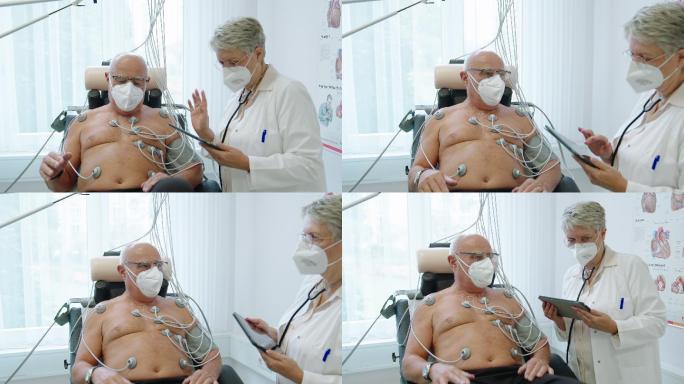 医生对老年患者进行自行车负荷超声心动图检查