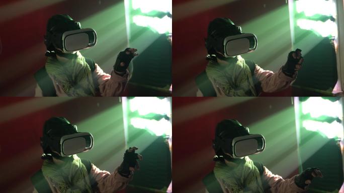 男孩扮演虚拟电子游戏角色与半机器人互动的视频