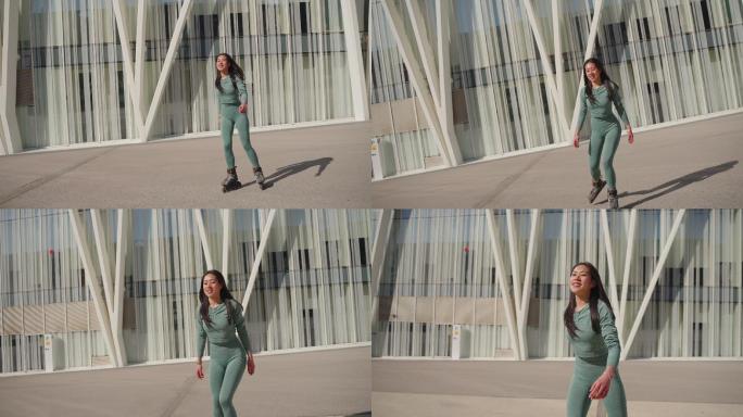 无忧无虑的中国年轻女子，在有趣的大楼前溜冰