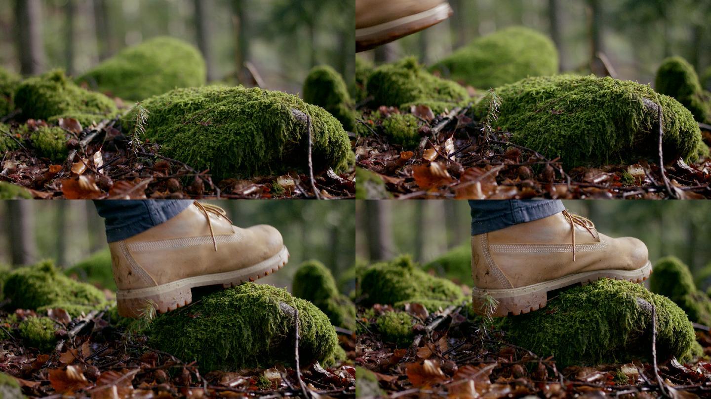 森林中的一块岩石被一双靴子踩到的详细照片