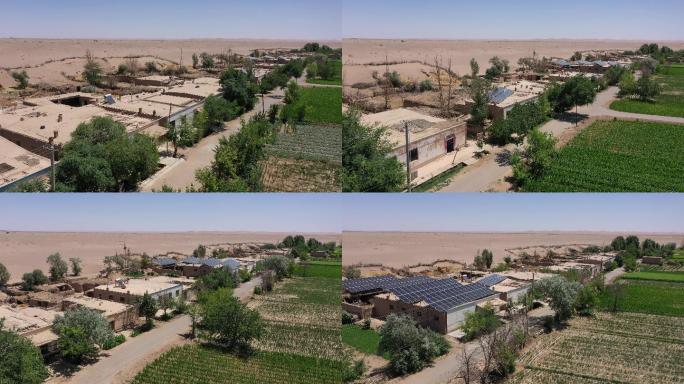 航拍沙漠边缘靠山村落