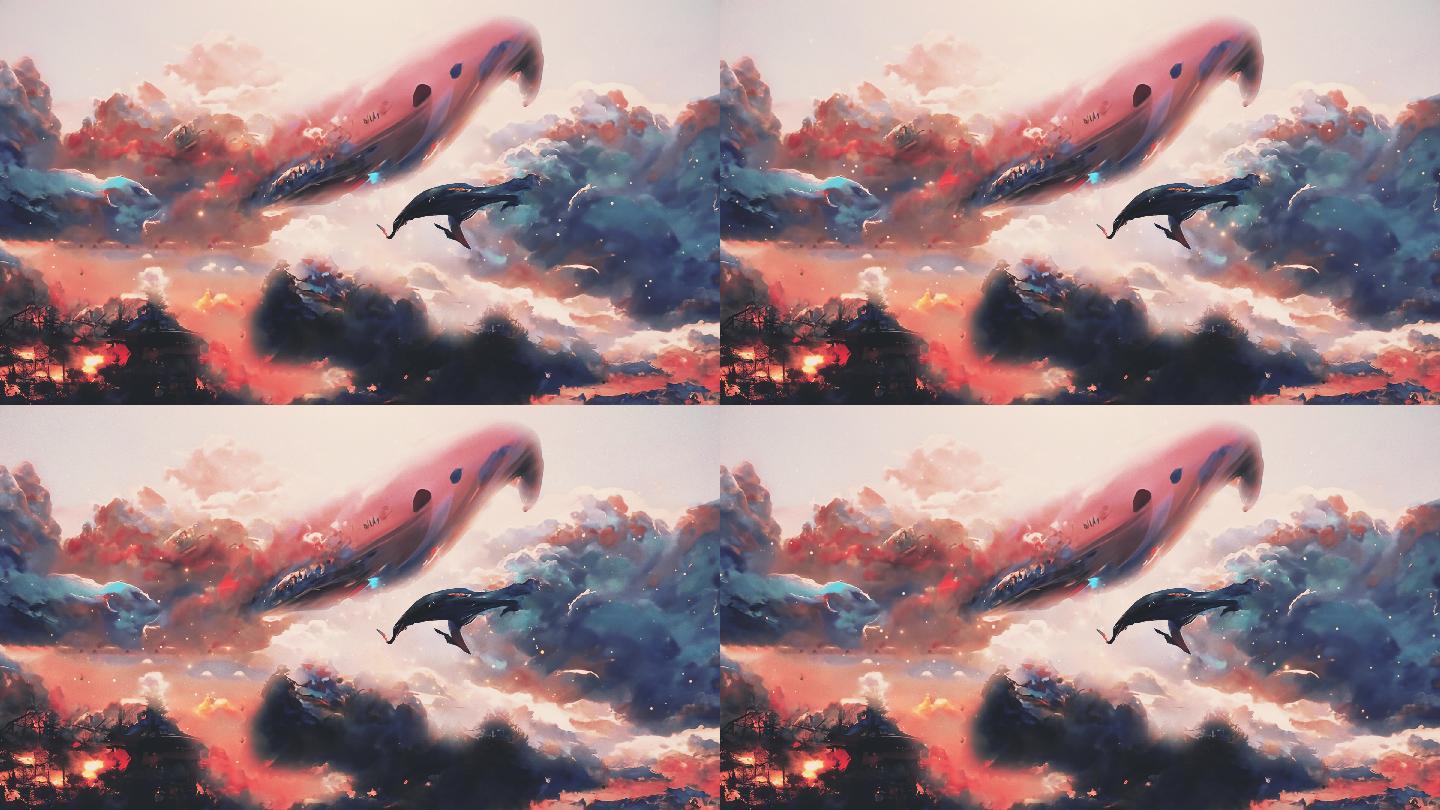 4K 天空 云海 鲸鱼 鲲 樱花