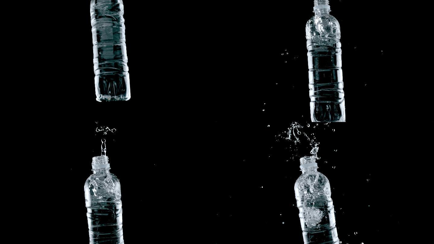 SLO MO LD塑料瓶装满水，落在水面上，水四处飞溅
