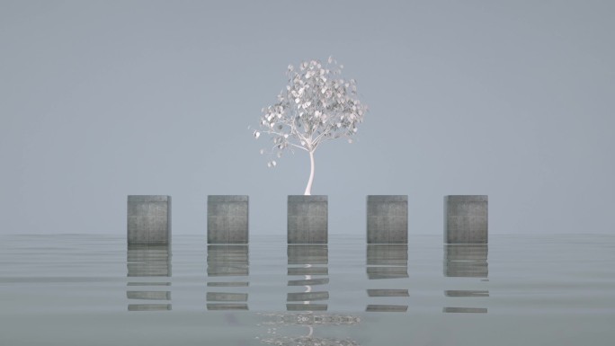 水面钢混建筑大树抽象地产宣传片头3D素材