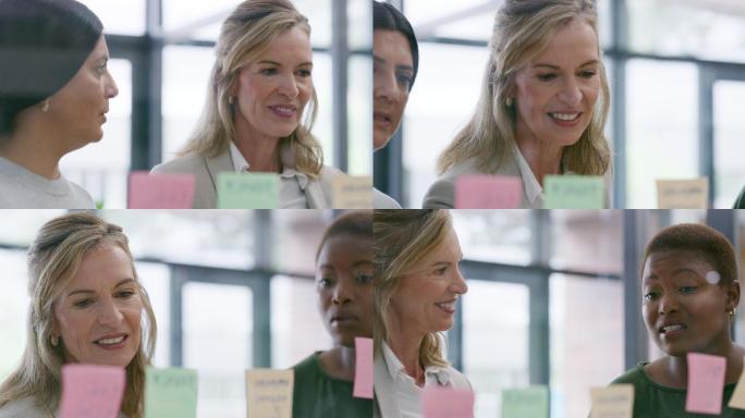 一组女商人在办公室玻璃墙上用笔记集思广益的4k视频片段