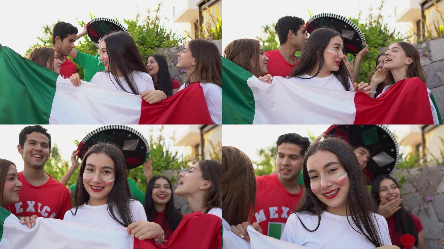 一名十几岁的拉丁女孩与朋友在户外庆祝墨西哥足球队获胜的照片
