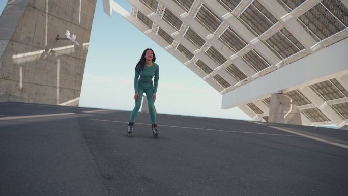 健康的中国年轻女性，在大型太阳能电池板结构下进行直列滑冰