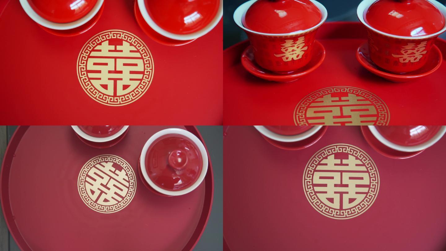 托盘上的红色茶碗