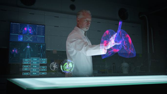 拥有成熟科学家的未来实验室。全息，三维肺细胞。寻找疾病治疗