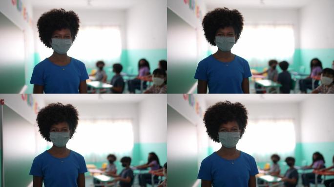 在教室里戴口罩的女孩肖像