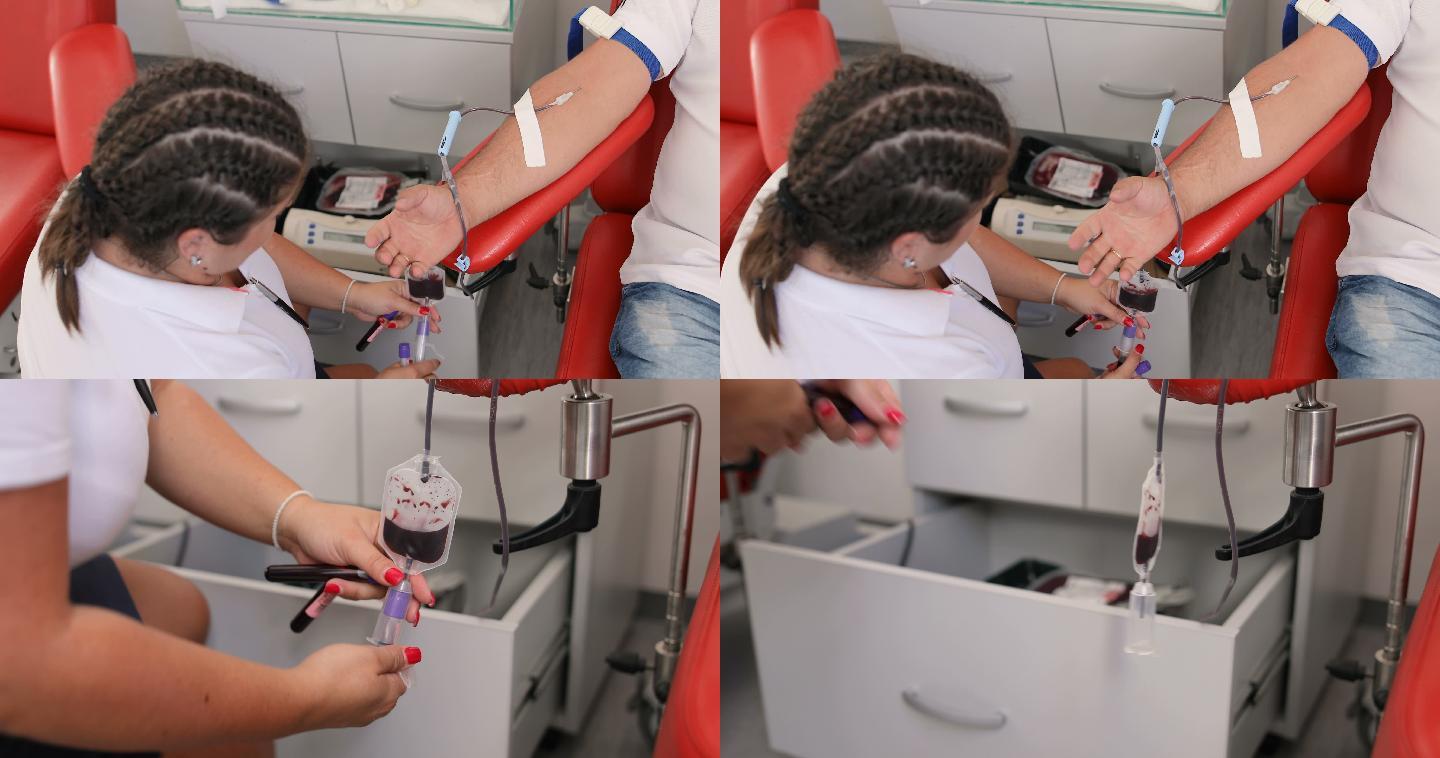 护士抽取血样进行分析。善行。为你的身体献血的好处。接受输血者的手。临床献血者的特写镜头