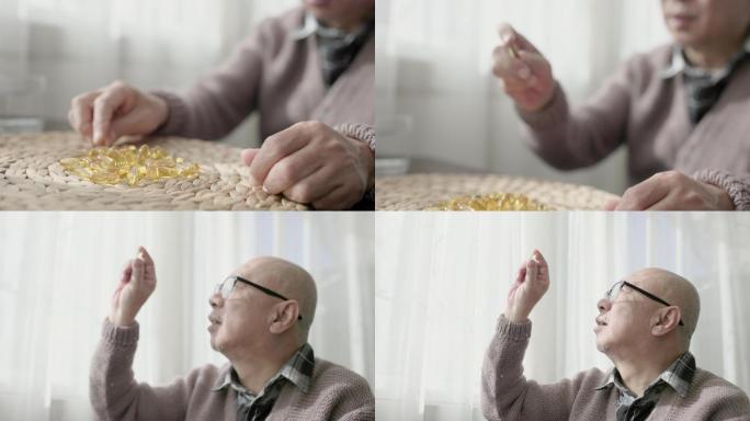 一位中国老人坐在窗边，手里拿着一个胶囊，戴着阅读眼镜看着