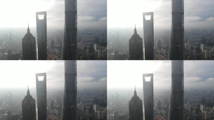 上海陆家嘴三件套逆光4K航拍原素材