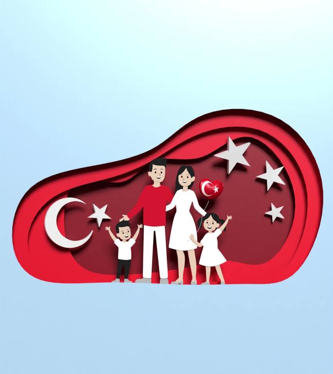 垂直4月23日国际儿童节贺卡，一家人在纸上以4k分辨率制作土耳其国旗