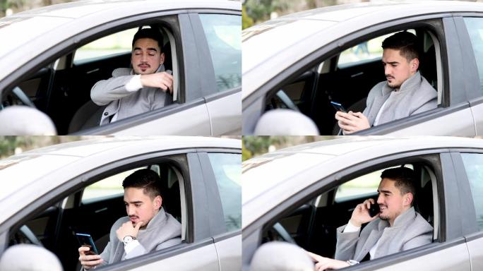 坐在车里用手机打在线信息的年轻人，侧视图。微笑的商人在汽车里使用手机。