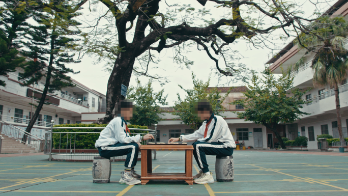 小学生在校园里下象棋