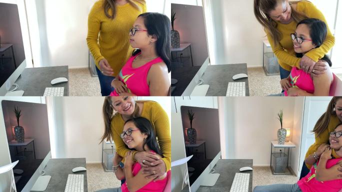 视频会议远程在线交流哥伦比亚裔美国成年母亲和患有焦油综合征的十几岁女儿-儿童残疾家庭质量时间视频系列