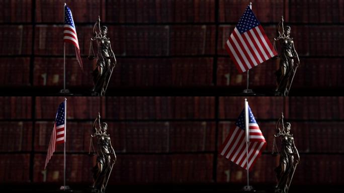 流行病后法律或人权的未来教训。法律书籍和美国国旗前的正义雕像