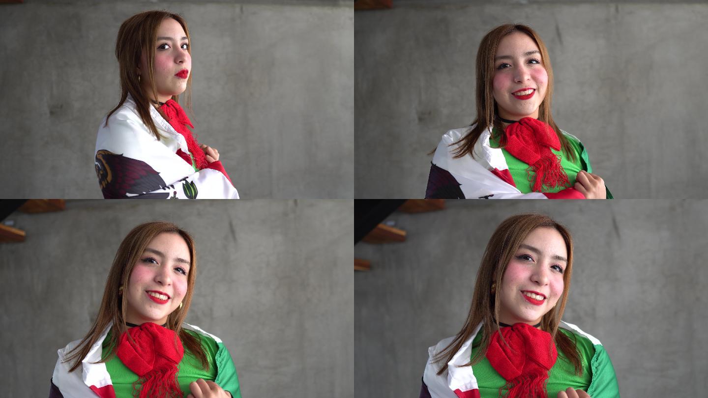 一位带墨西哥国旗的拉丁少女肖像