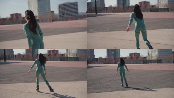 不可辨认的中国女性在城市的市区内溜冰