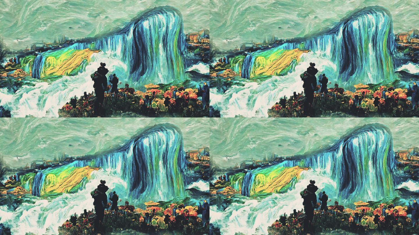 4K 油画 瀑布 梵高 风格 唯美 绘