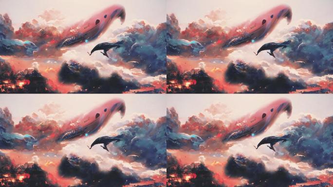 4K 天空 云海 鲸鱼 鲲 樱花 花