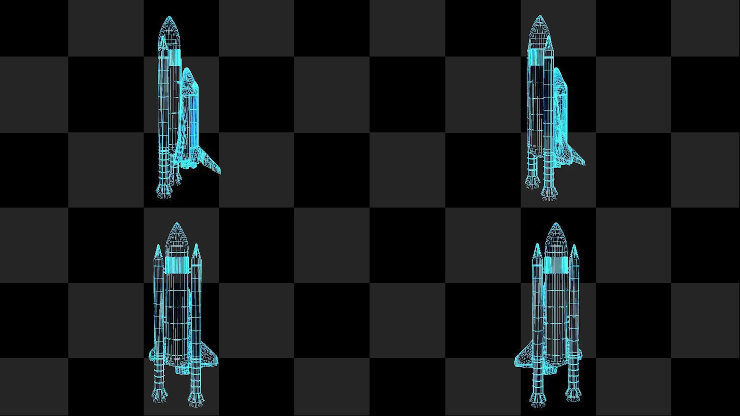 4K蓝色全息投影火箭助推器素材带通道