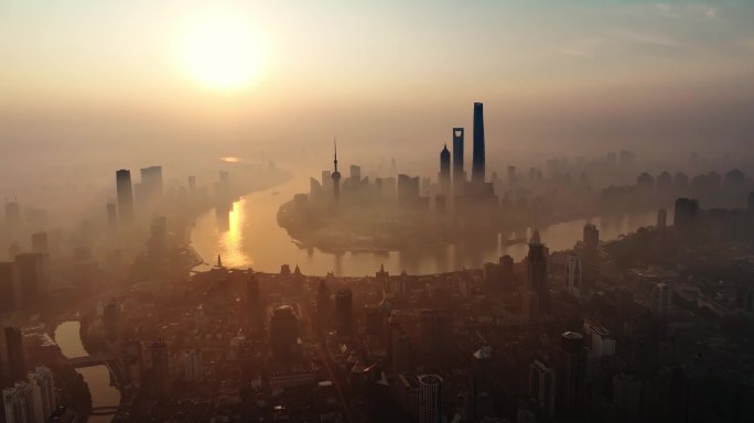 上海日出平流雾航拍城市