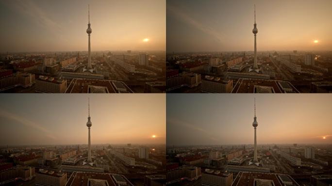 德国柏林Alexanderplatz timelapse地标Ferhsehturm或TV tower