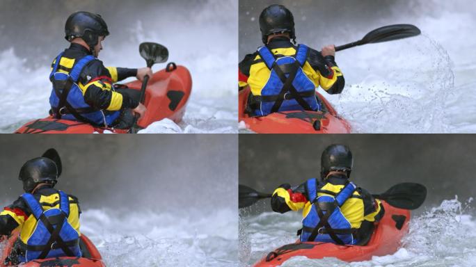 斯洛·莫（SLO MO）男子皮划艇运动员在瀑布下的跳水池的白水中划水