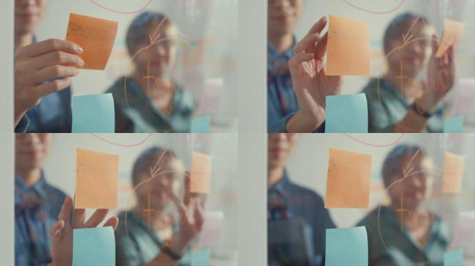 一群穿着智能休闲服的亚洲女商人的特写镜头，她们使用平板电脑并在彩色便笺上写字，在创意办公室开发商业项