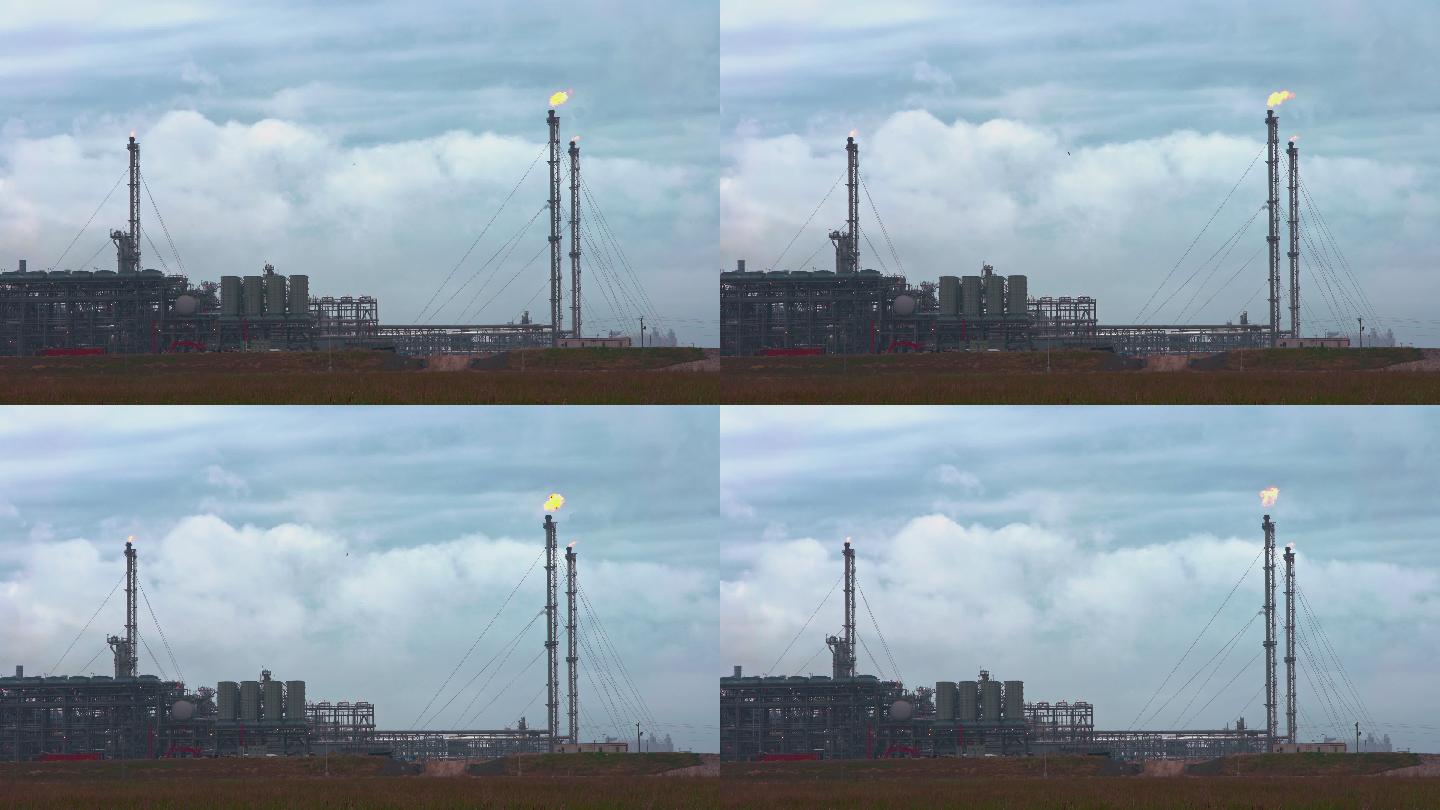 路易斯安那州和美国德克萨斯州交界处的大型炼油厂加速了timelapse风格的视频。