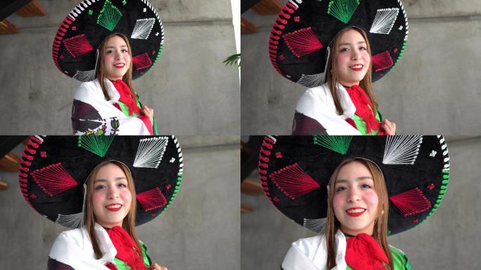 一个十几岁的拉丁女孩的肖像画，她举着墨西哥国旗，头戴一顶罩衫