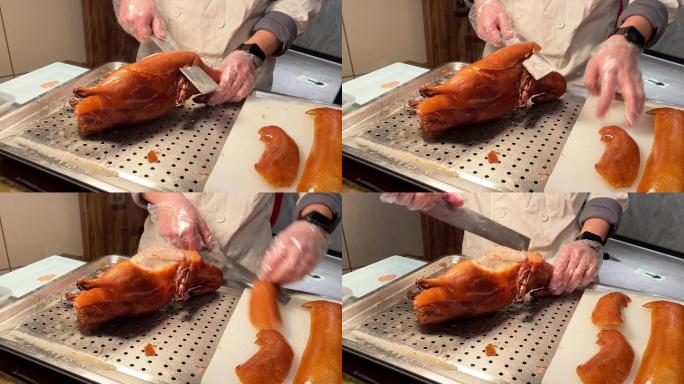 厨师切北京烤鸭北京烤鸭片鸭子片鸭