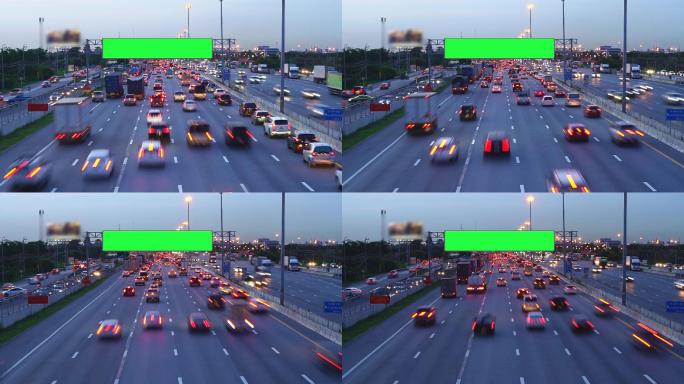 高速公路上的交通堵塞，广告牌绿屏。