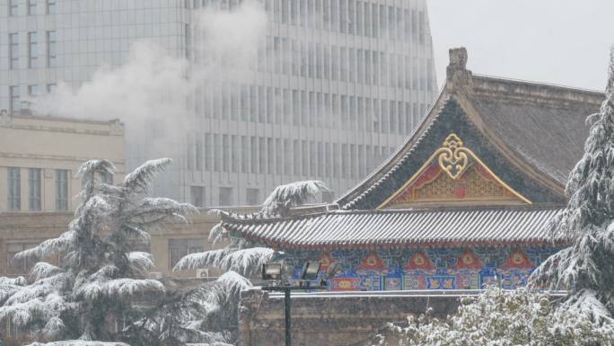 雪域古城墙。暴雪雪景下雪