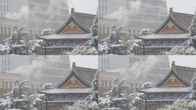 雪域古城墙。暴雪雪景下雪