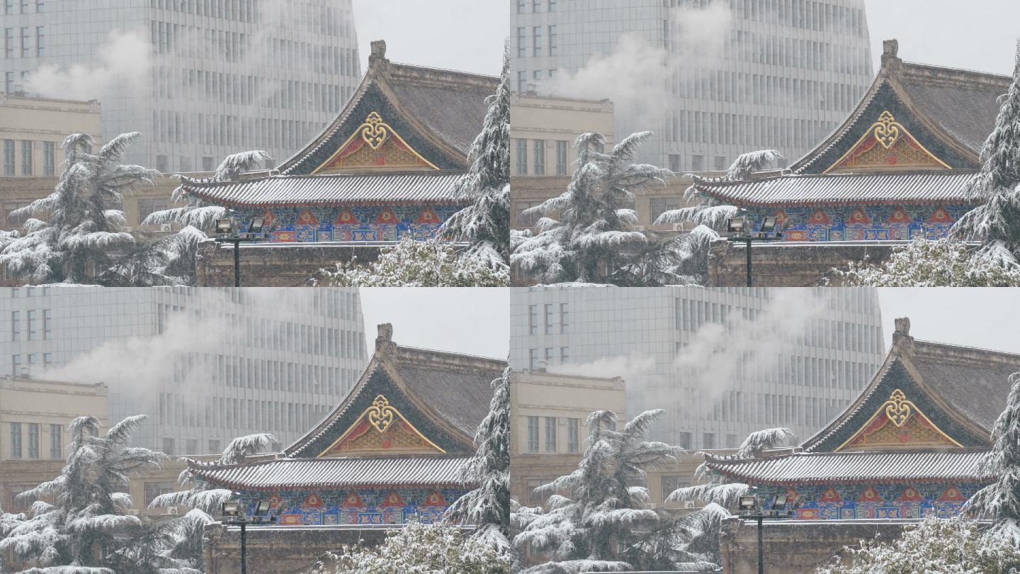 雪域古城墙。暴雪雪景下雪