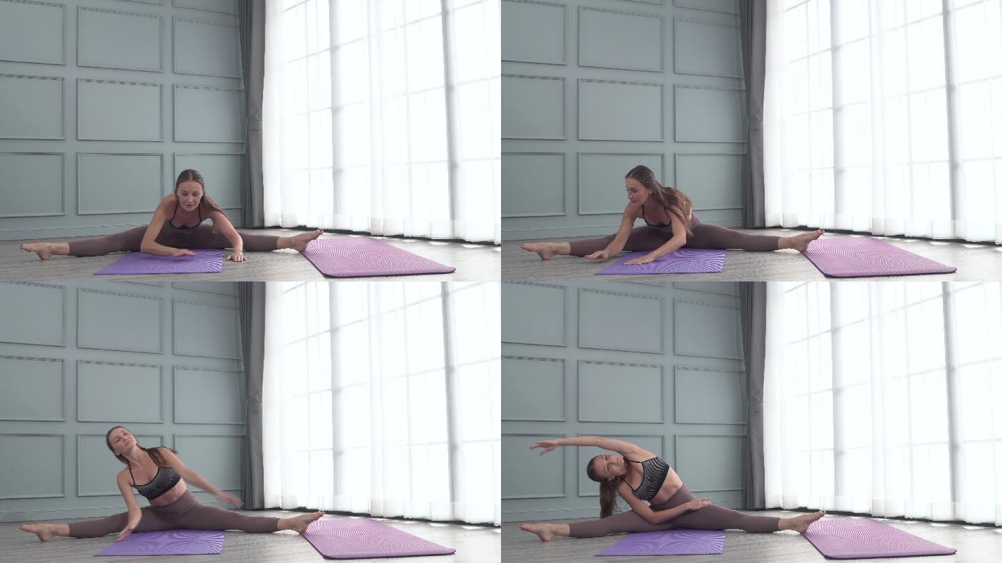 女子瑜伽和健身课程。晨练。