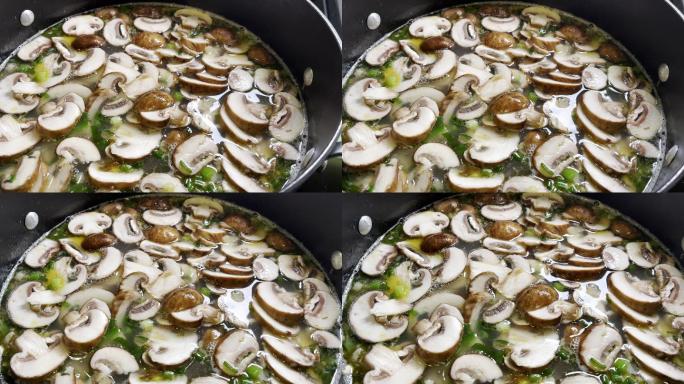 大葱、蘑菇、新鲜大蒜、白菜、Jalepeno、柠檬片和芫荽叶配泰式面条