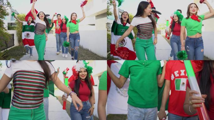 青少年拉丁朋友在户外散步庆祝墨西哥足球队获胜