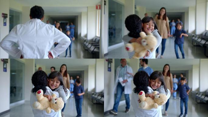 可爱的小女孩和家人一起散步，然后跑到医院走廊拥抱儿科医生