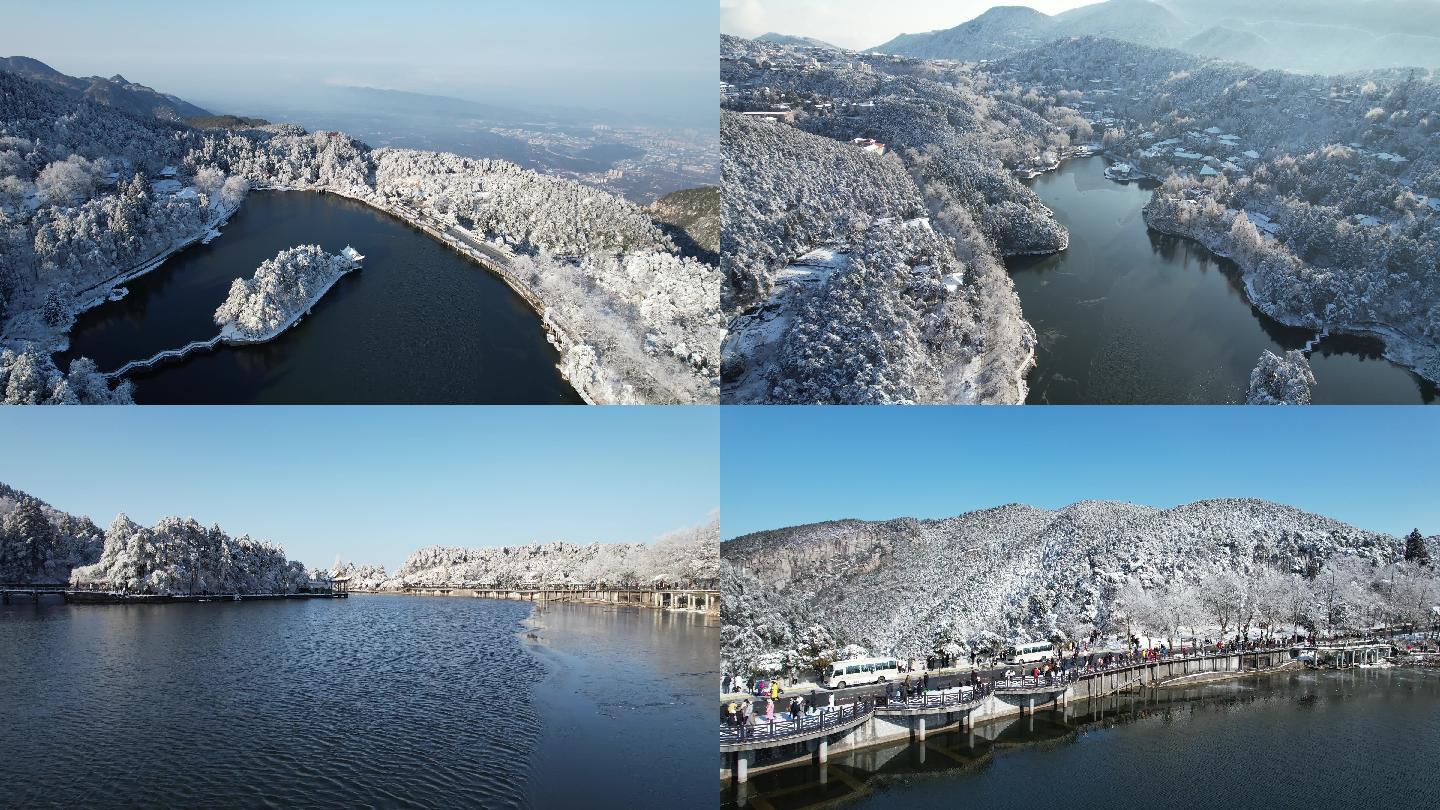 航拍冬季晴天庐山湖泊雪景
