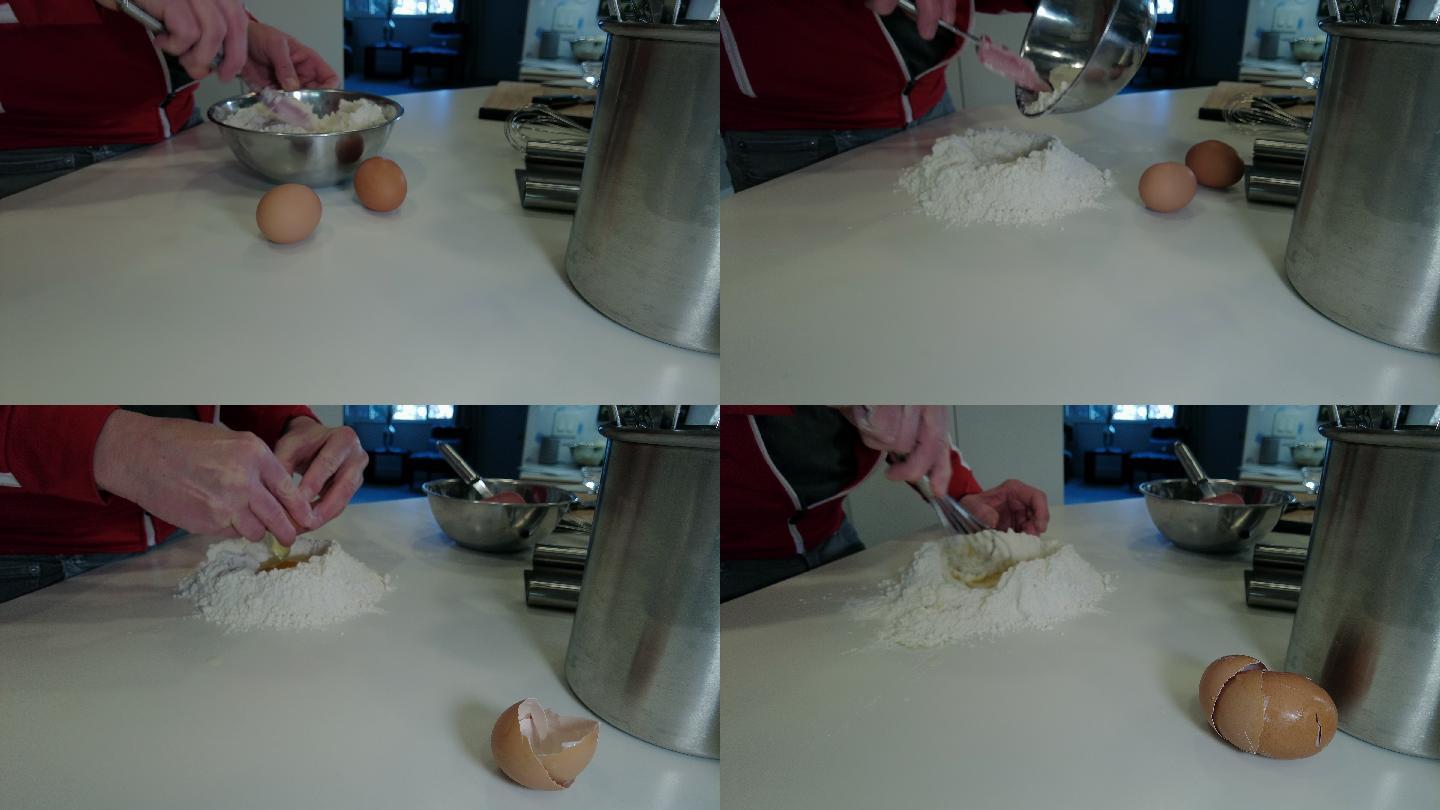混合面面团家庭烹饪成熟成年男性为鸡汤制作自制鸡蛋面延时视频系列